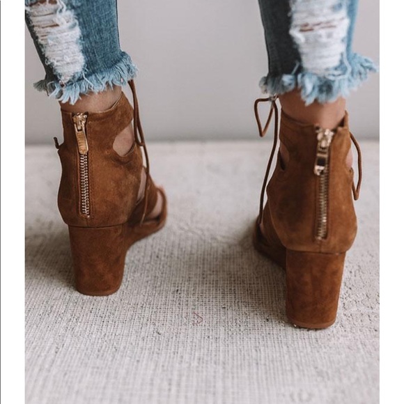 Cognac Kid Suede Lace Up Gladiator Wedge Sandal - Picture 4 of 8